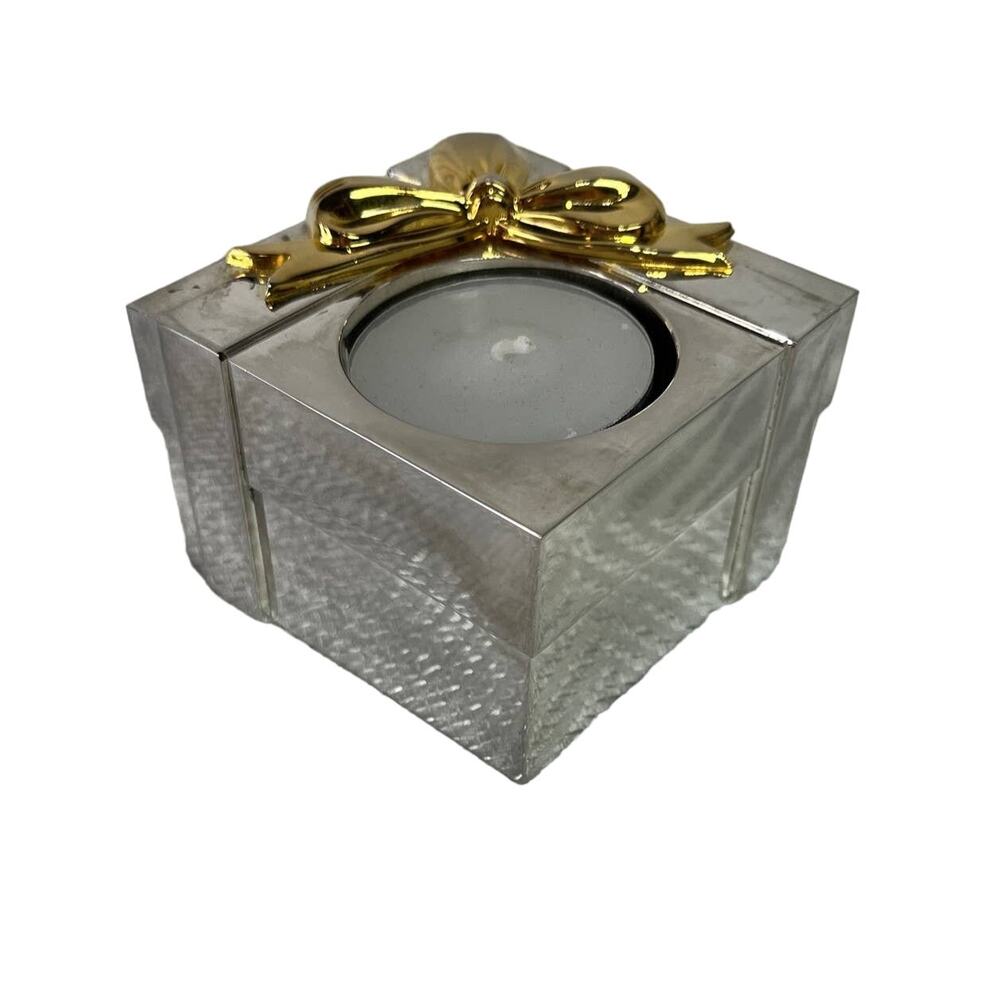 Votive Candle Holder Silver Plated Gift Box Shape Gold Tone Bow Holiday Godinger